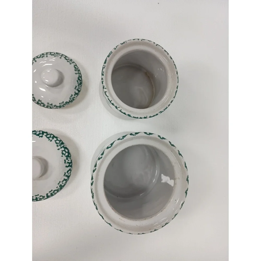 Vintage Canister Set of 2 White Green Heart Sponge Print Coutry Cottage Kitchen
